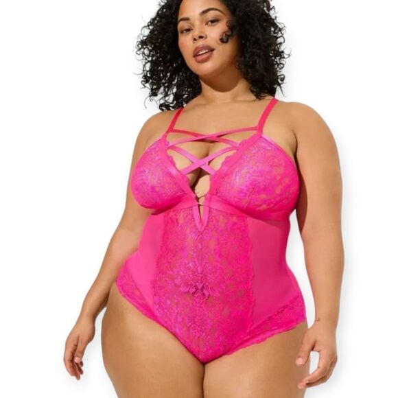 2X 18W 20W Pink Floral Lace Stretch Bodysuit Strappy Lingerie Wireless Plussize - Picture 1 of 10